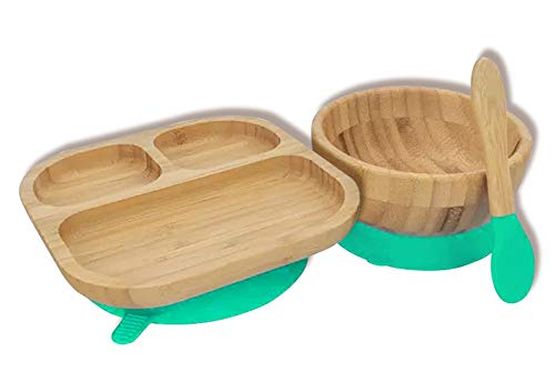 Youkoo kitchen Baby Toddler Stay Put Dish, Kids Suction Plate & Bowl & Spoon, Bamboo Cute Tableware (Green set) - Image 1